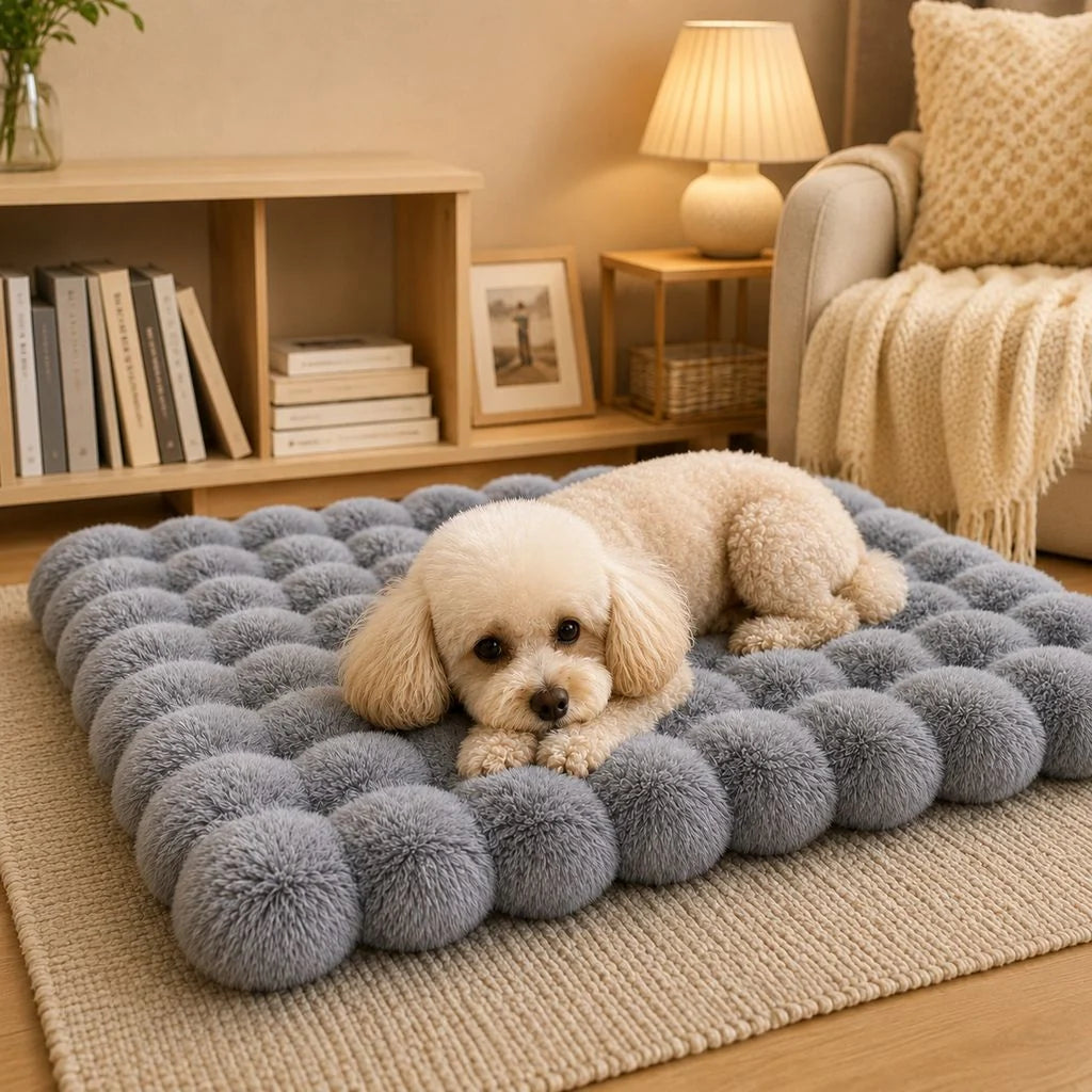 Cozy plush cat bed mat with a non-slip base, featuring a washable faux fur cushion in beige, gray, pink, and green, perfect for 10