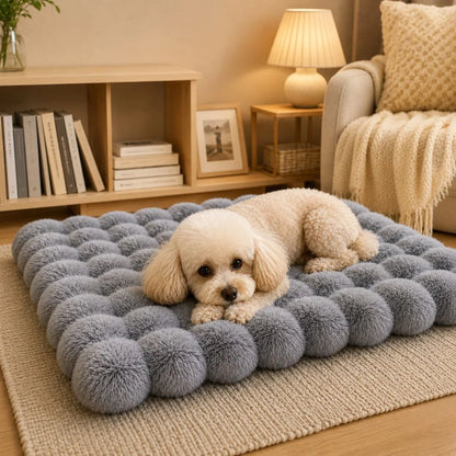 Cozy plush cat bed mat with a non-slip base, featuring a washable faux fur cushion in beige, gray, pink, and green, perfect for 10