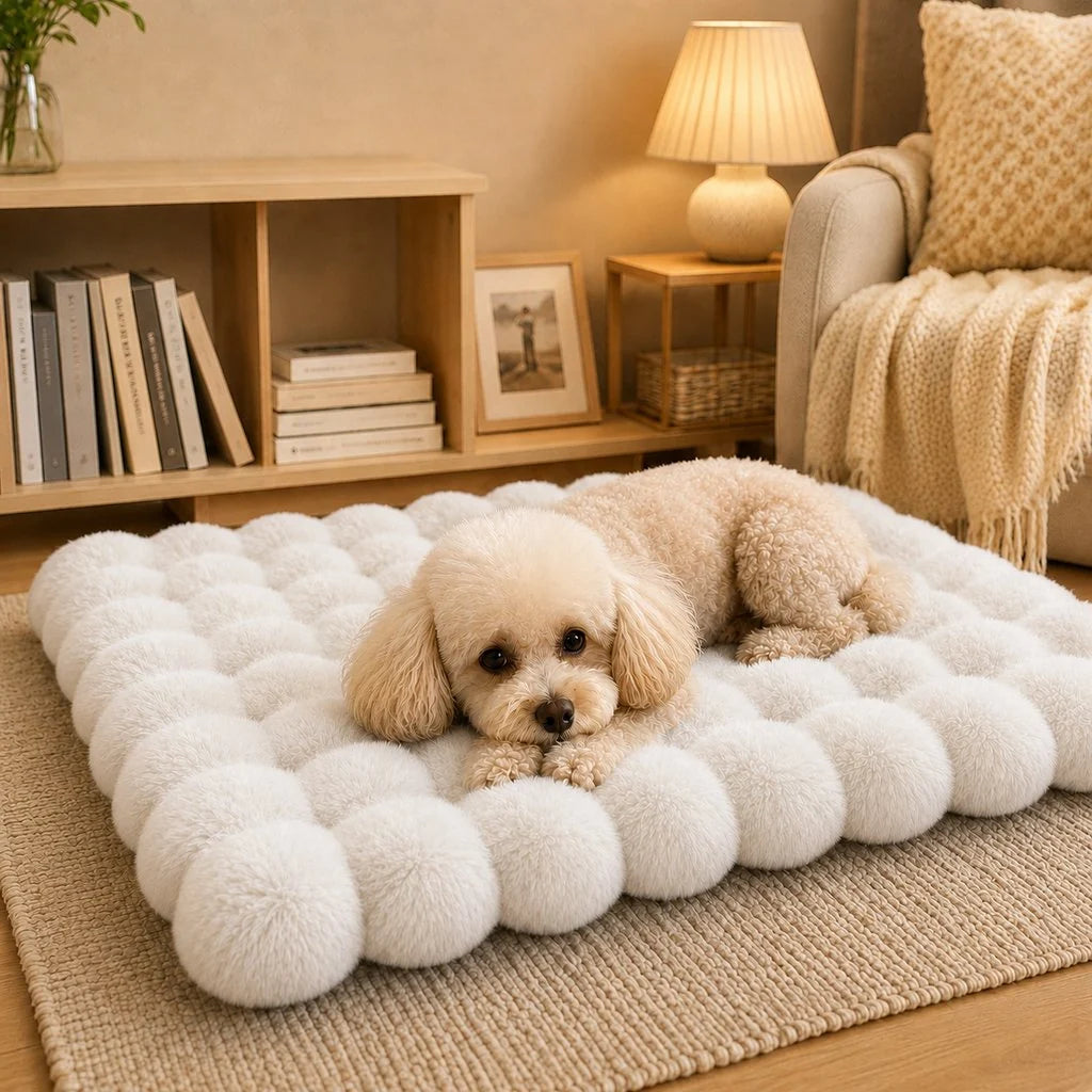 Cozy plush cat bed mat with a non-slip base, featuring a washable faux fur cushion in beige, gray, pink, and green, perfect for 11