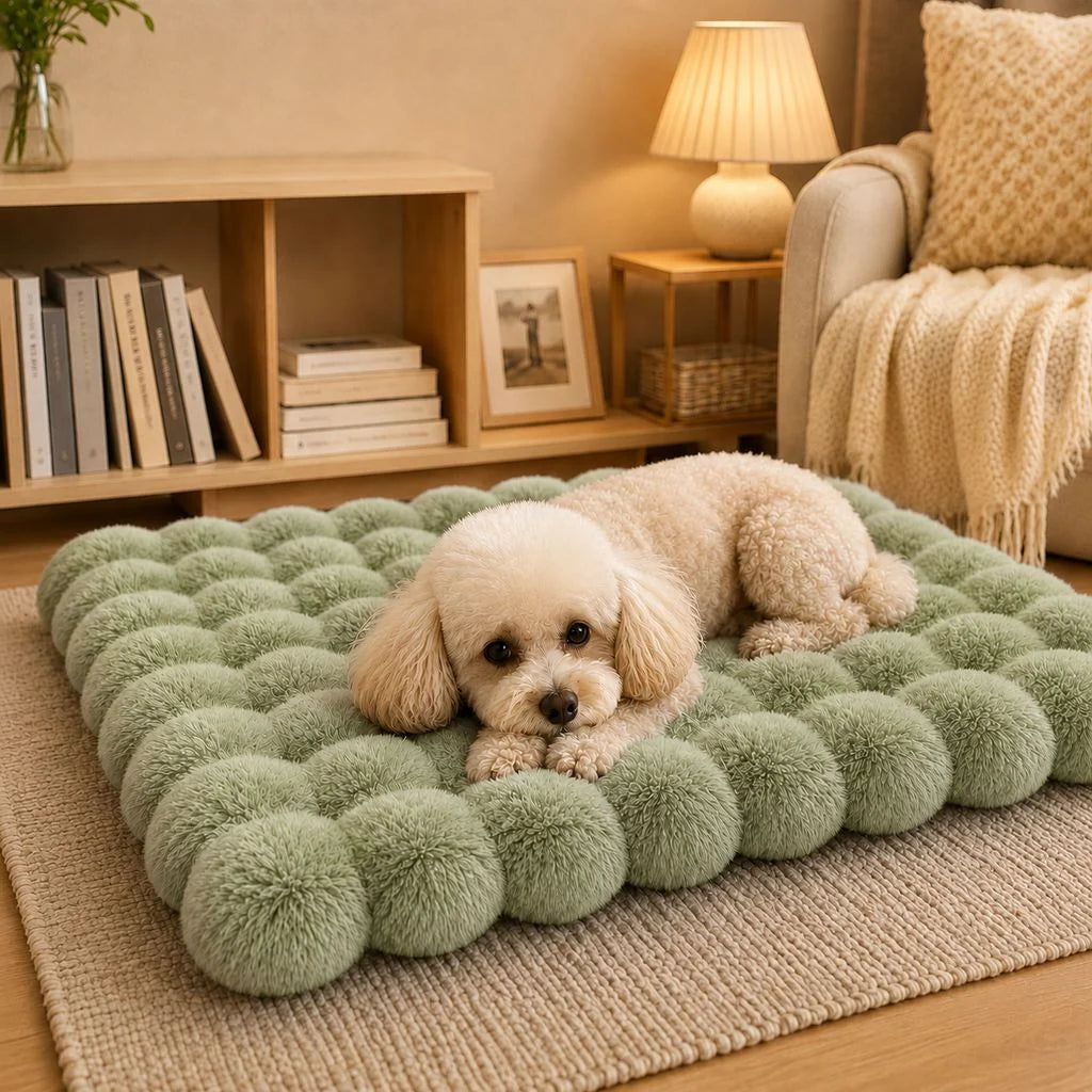 Cozy plush cat bed mat with a non-slip base, featuring a washable faux fur cushion in beige, gray, pink, and green, perfect for 12
