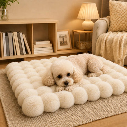 Cozy plush cat bed mat with a non-slip base, featuring a washable faux fur cushion in beige, gray, pink, and green, perfect for 13