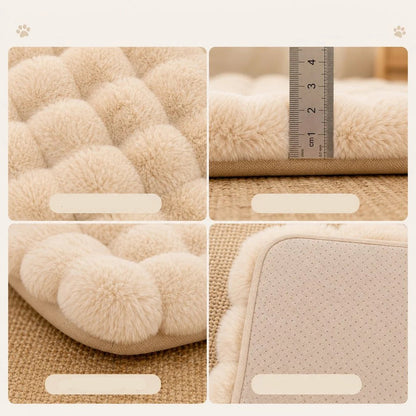 Cozy plush cat bed mat with a non-slip base, featuring a washable faux fur cushion in beige, gray, pink, and green, perfect for 4