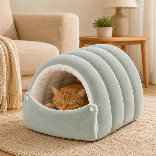 Plush cat cave bed featuring an adjustable entrance, providing a cozy semi-enclosed hideaway for indoor cats to relax and sleep comfortably. 0