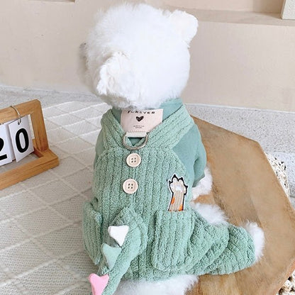 Plush Dinosaur Jumpsuit for Small to Medium Dogs – Cozy Winter Dog Outfit and Fun Puppy Clothes 0
