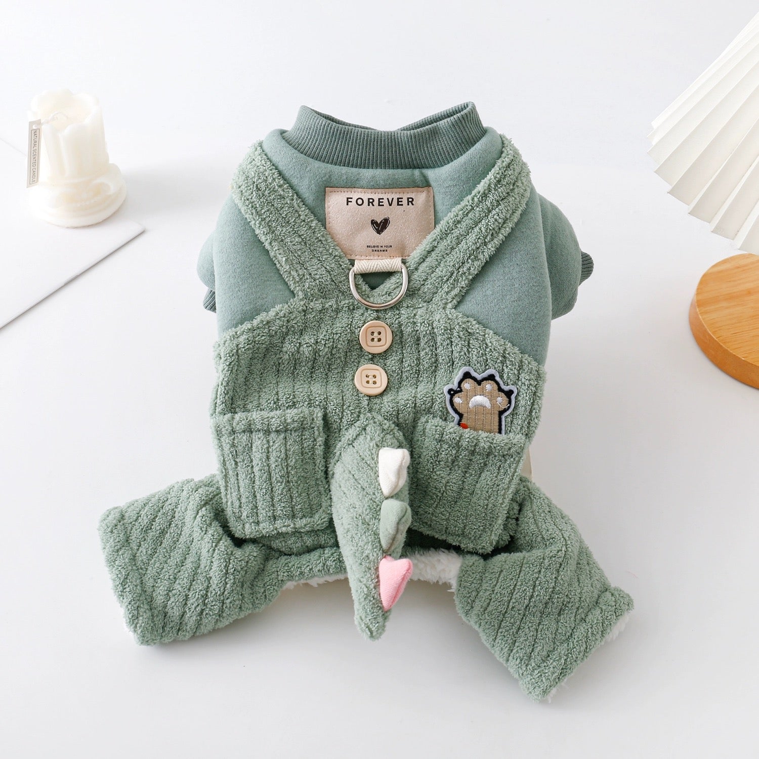 Plush Dinosaur Jumpsuit for Small to Medium Dogs – Cozy Winter Dog Outfit and Fun Puppy Clothes 3