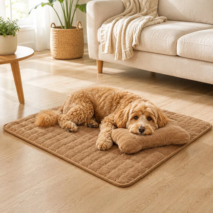 Plush dog bed mat with detachable pillow in light gray, featuring a cozy non-slip design suitable for small cats and dogs, measuring 50 x  0
