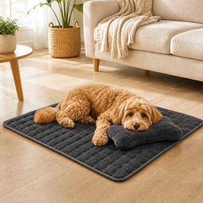 Plush dog bed mat with detachable pillow in light gray, featuring a cozy non-slip design suitable for small cats and dogs, measuring 50 x  10