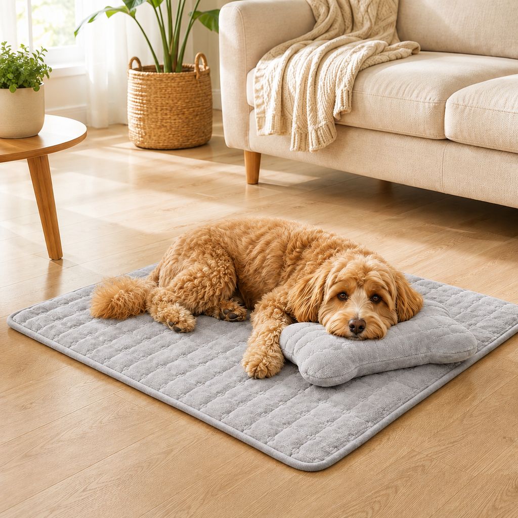 Plush dog bed mat with detachable pillow in light gray, featuring a cozy non-slip design suitable for small cats and dogs, measuring 50 x  9