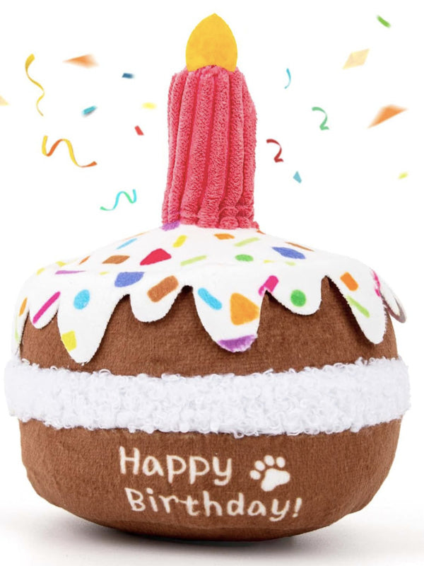 Plush Dog Birthday Cake Toy with Squeaker – Soft and Durable for Small to Medium Dogs 0