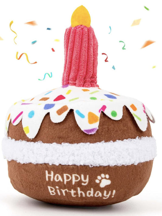 Plush Dog Birthday Cake Toy with Squeaker – Soft and Durable for Small to Medium Dogs 0