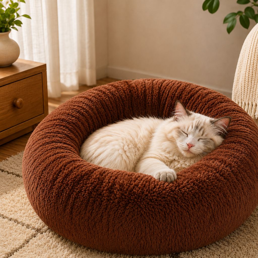 Cozy plush donut dog bed with a non-slip bottom, designed for small dogs and cats, featuring a soft PP cotton filling and a round shape for 0