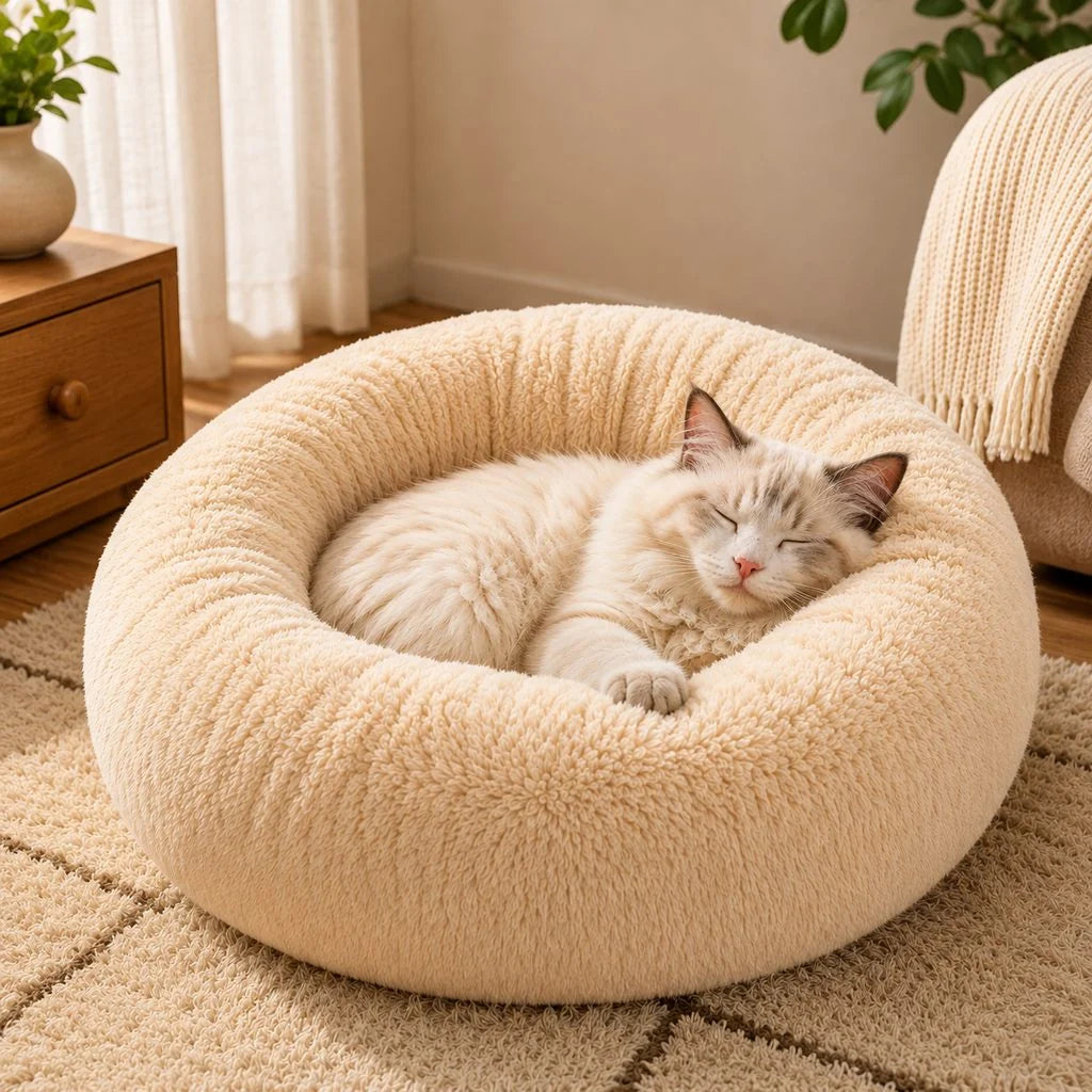 Cozy plush donut dog bed with a non-slip bottom, designed for small dogs and cats, featuring a soft PP cotton filling and a round shape for 1