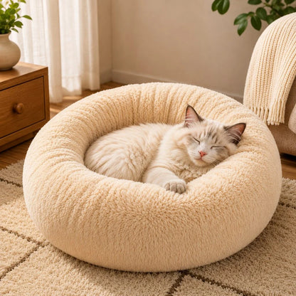 Cozy plush donut dog bed with a non-slip bottom, designed for small dogs and cats, featuring a soft PP cotton filling and a round shape for 1
