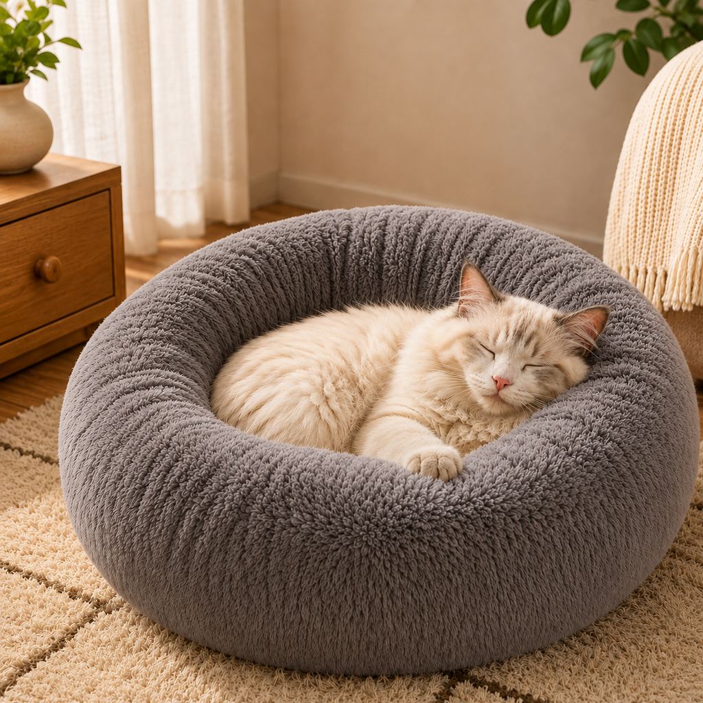 Cozy plush donut dog bed with a non-slip bottom, designed for small dogs and cats, featuring a soft PP cotton filling and a round shape for 9