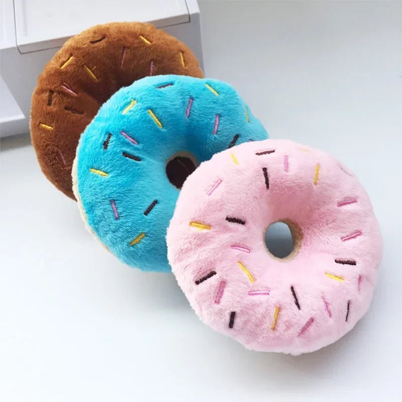 Plush Donut Dog Toy with Squeaker for Small and Medium Dogs – Soft Interactive Chew Toy in Gray/Pink 2