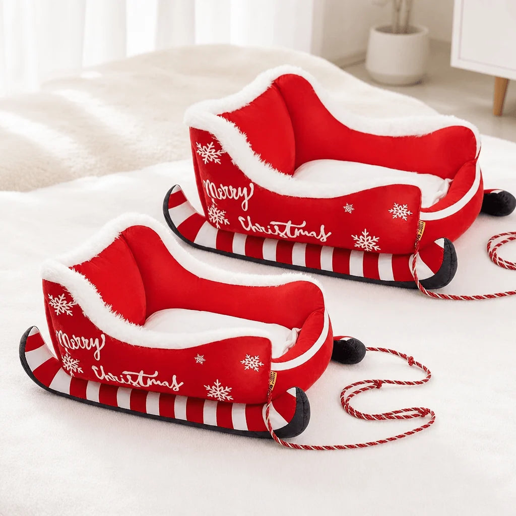 Plush pet bed with raised sides in a velvet sleigh design, perfect for dogs and cats, providing cozy winter naps and easy washability. 1