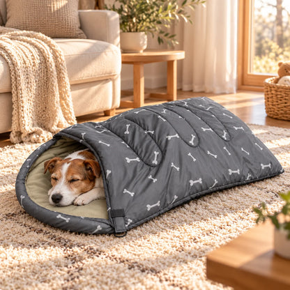 Portable dog sleeping bag featuring a soft padded interior and a cozy bone-patterned travel design, perfect for keeping your pet comfortable on the go. 0