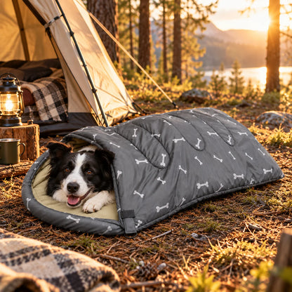 Portable dog sleeping bag featuring a soft padded interior and a cozy bone-patterned travel design, perfect for keeping your pet comfortable on the go. 2