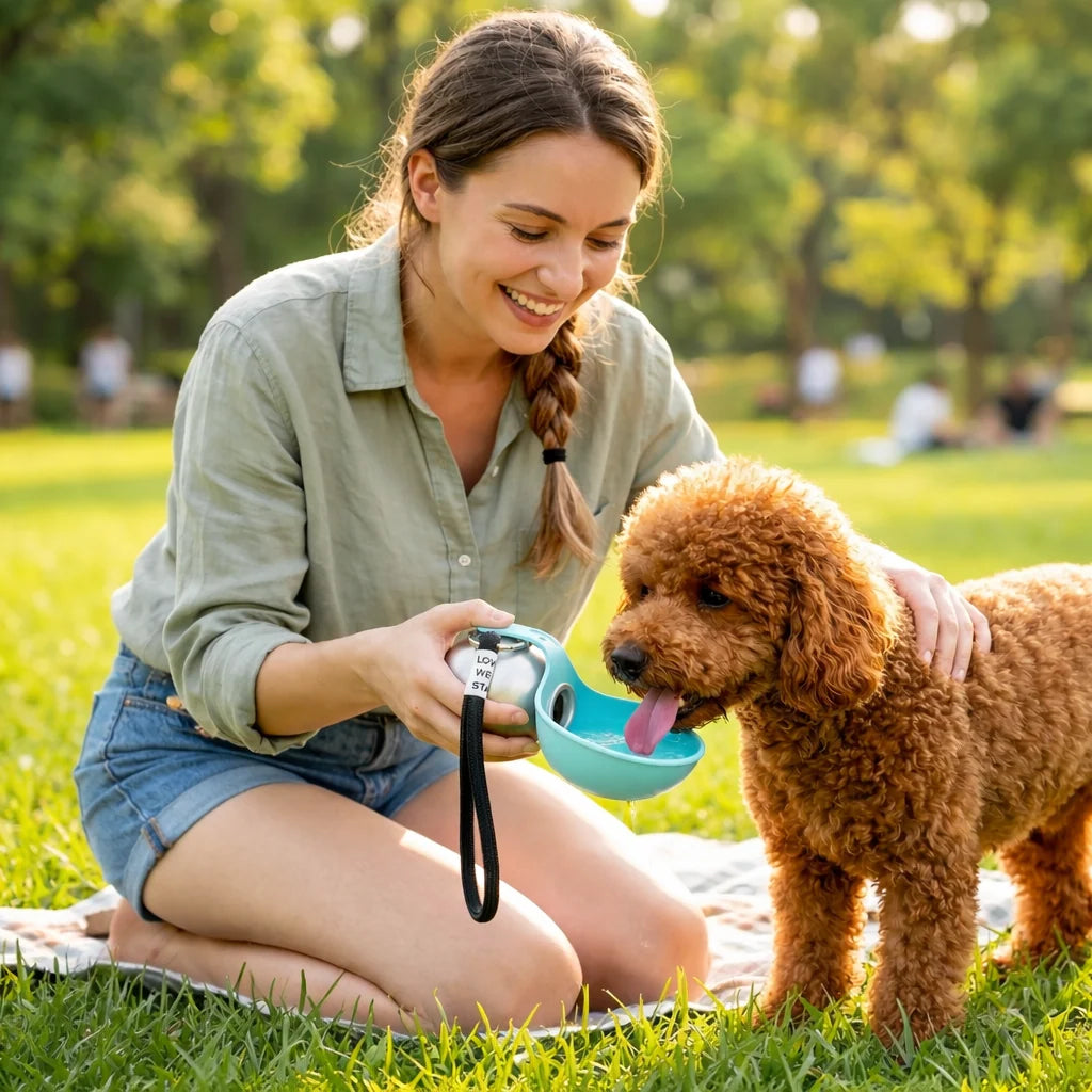 Portable dog water bottle featuring a collapsible bowl and a leak-proof design, perfect for keeping pets hydrated during travel and outdoor adventures. 3