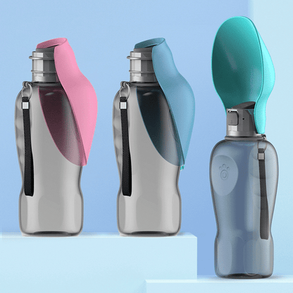 Portable dog water bottle with a foldable bowl, designed for travel, featuring an 800ml capacity for hydration on-the-go for pets. 1