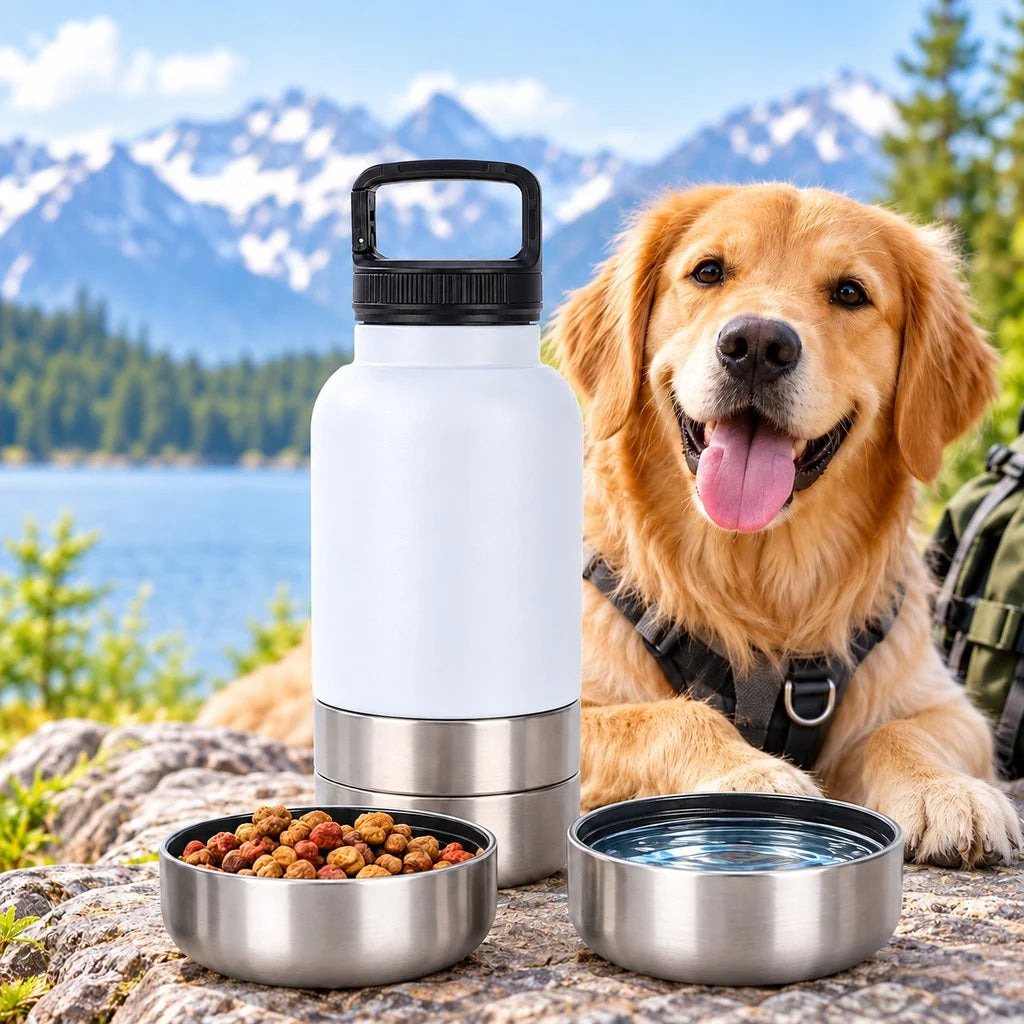 Portable dog water bottle with food storage and collapsible bowls, featuring an insulated stainless steel design for pet travel convenience. 1