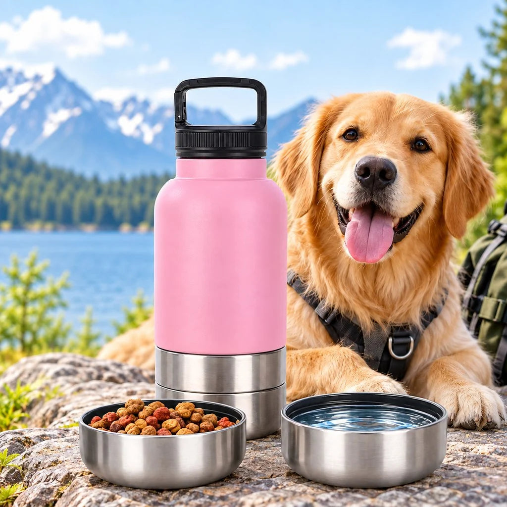 Portable dog water bottle with food storage and collapsible bowls, featuring an insulated stainless steel design for pet travel convenience. 2