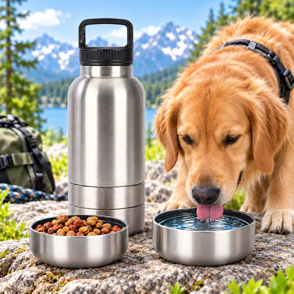 Portable dog water bottle with food storage and collapsible bowls, featuring an insulated stainless steel design for pet travel convenience. 3