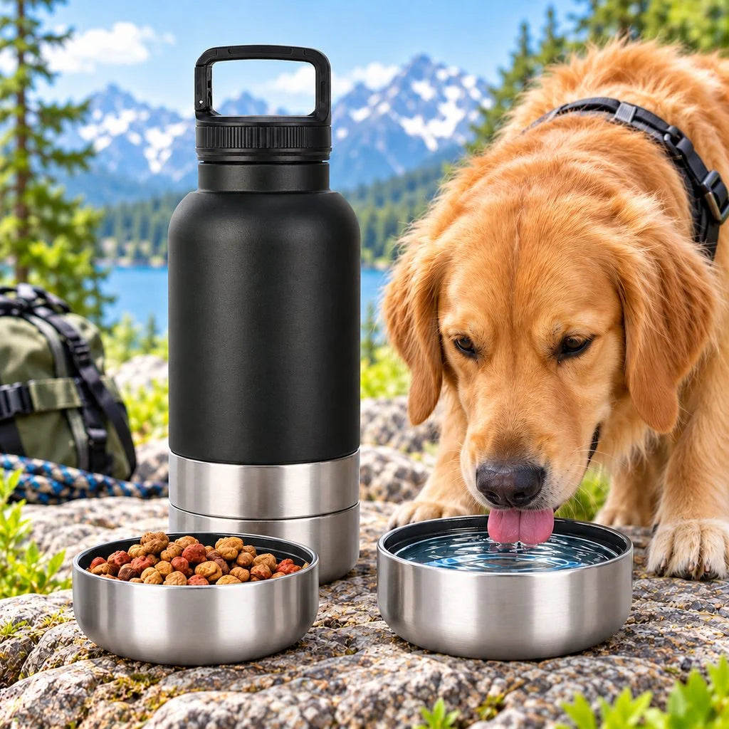 Portable dog water bottle with food storage and collapsible bowls, featuring an insulated stainless steel design for pet travel convenience. 4