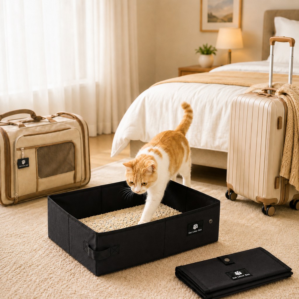 Portable foldable cat litter box in green and black, featuring a leak-resistant lining, perfect for travel with lightweight and compact design. 0