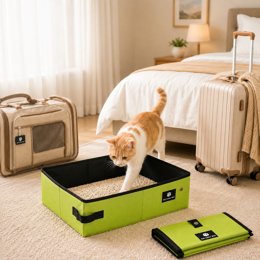 Portable foldable cat litter box in green and black, featuring a leak-resistant lining, perfect for travel with lightweight and compact design. 1