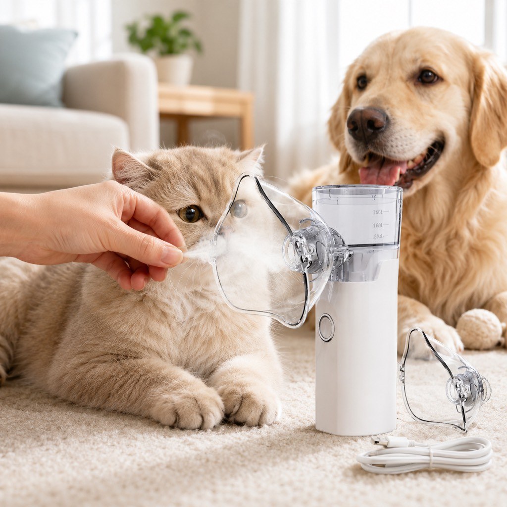Portable Pet Nebulizer for Dogs and Cats featuring a quiet mist design, USB-C rechargeable capability, and a care kit that includes dual masks for comfortable 0