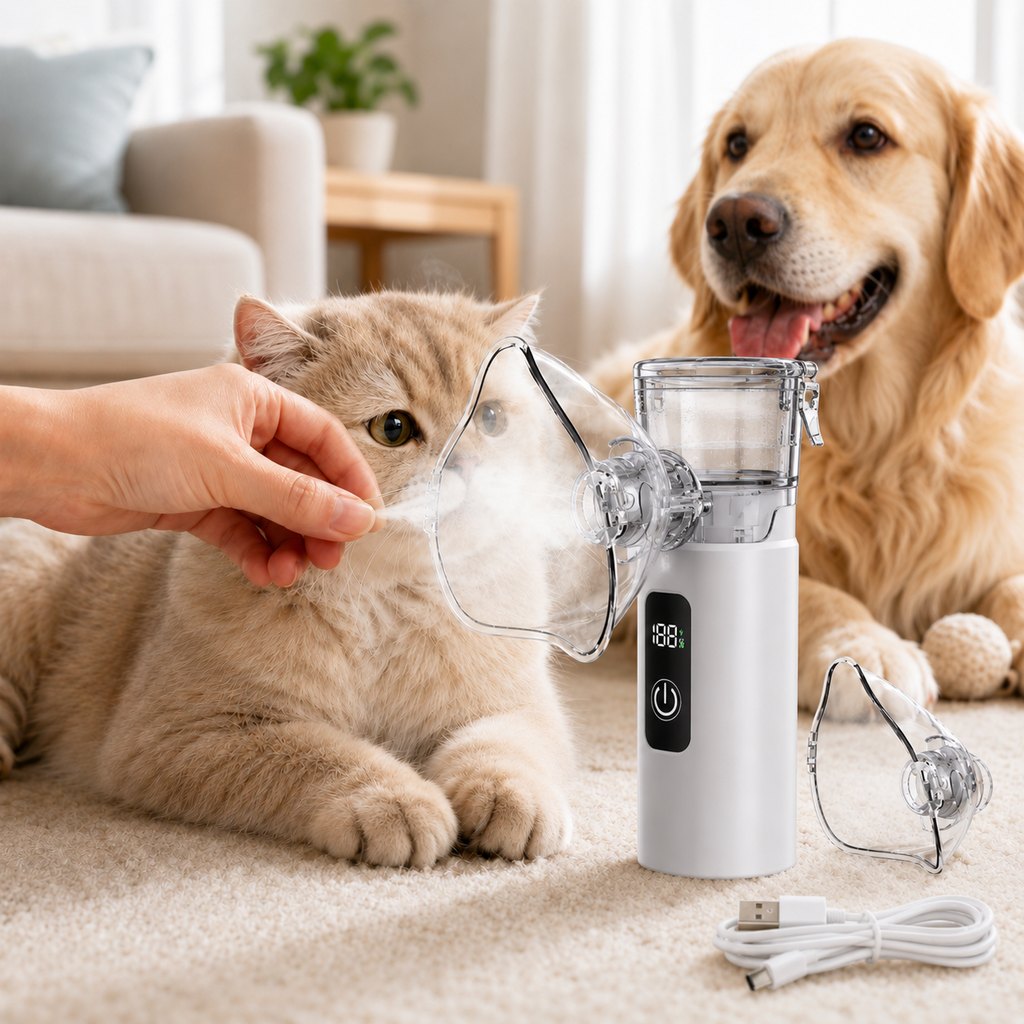 Portable Pet Nebulizer for Dogs and Cats featuring a quiet mist design, USB-C rechargeable capability, and a care kit that includes dual masks for comfortable 9
