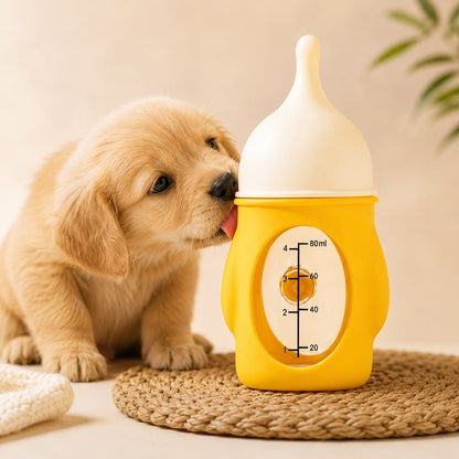 Puppy nurser bottle feeder featuring an anti-choke silicone nipple designed for safe milk feeding of newborn pets. 1