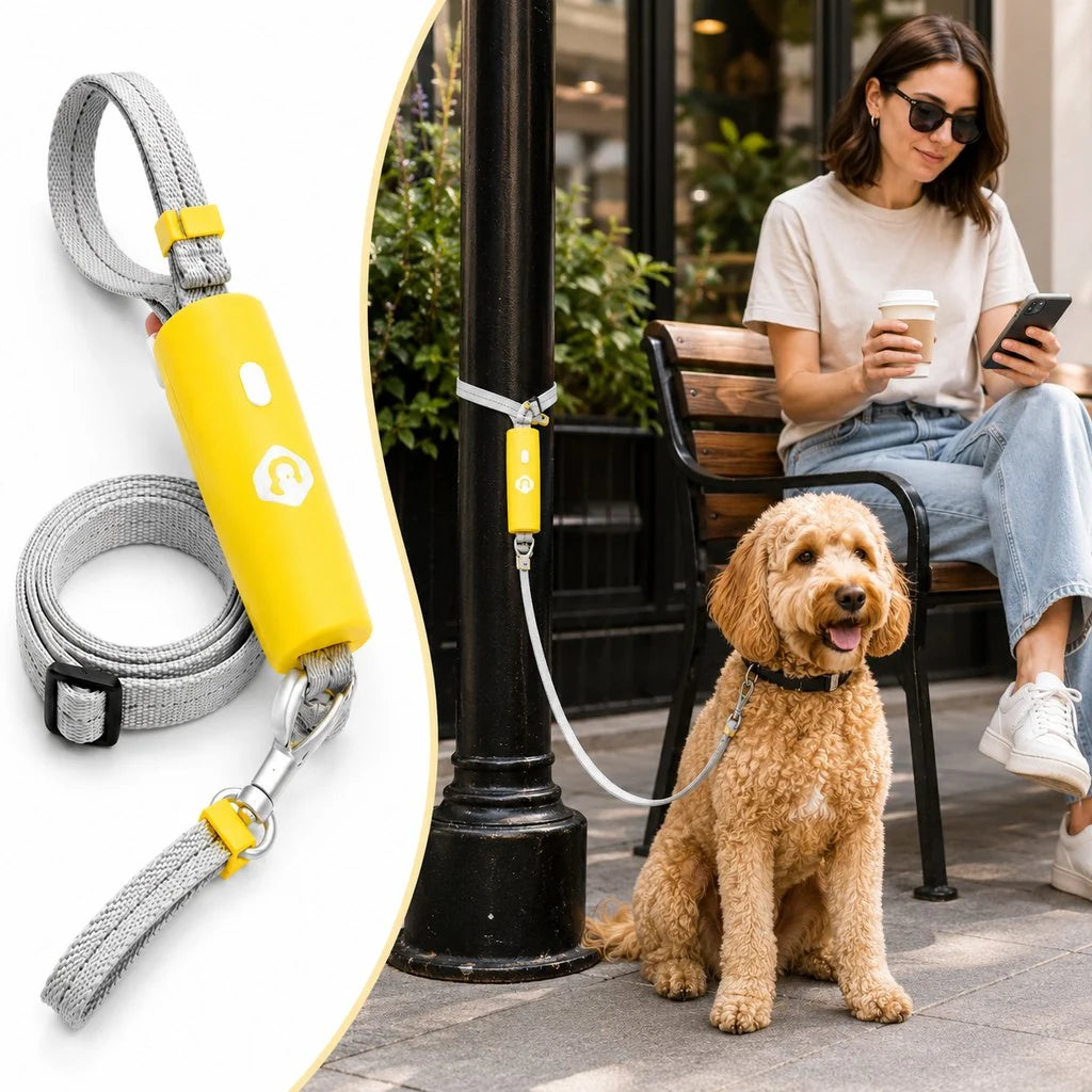 Quick-Tether dog leash featuring reflective webbing and shock-absorbing rope, adjustable from 95cm to 160cm, with an ergonomic handle 0