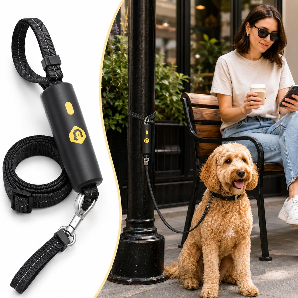 Quick-Tether dog leash featuring a shock-absorbing rope and reflective webbing, adjustable length from 95cm to 160cm, perfect for 9