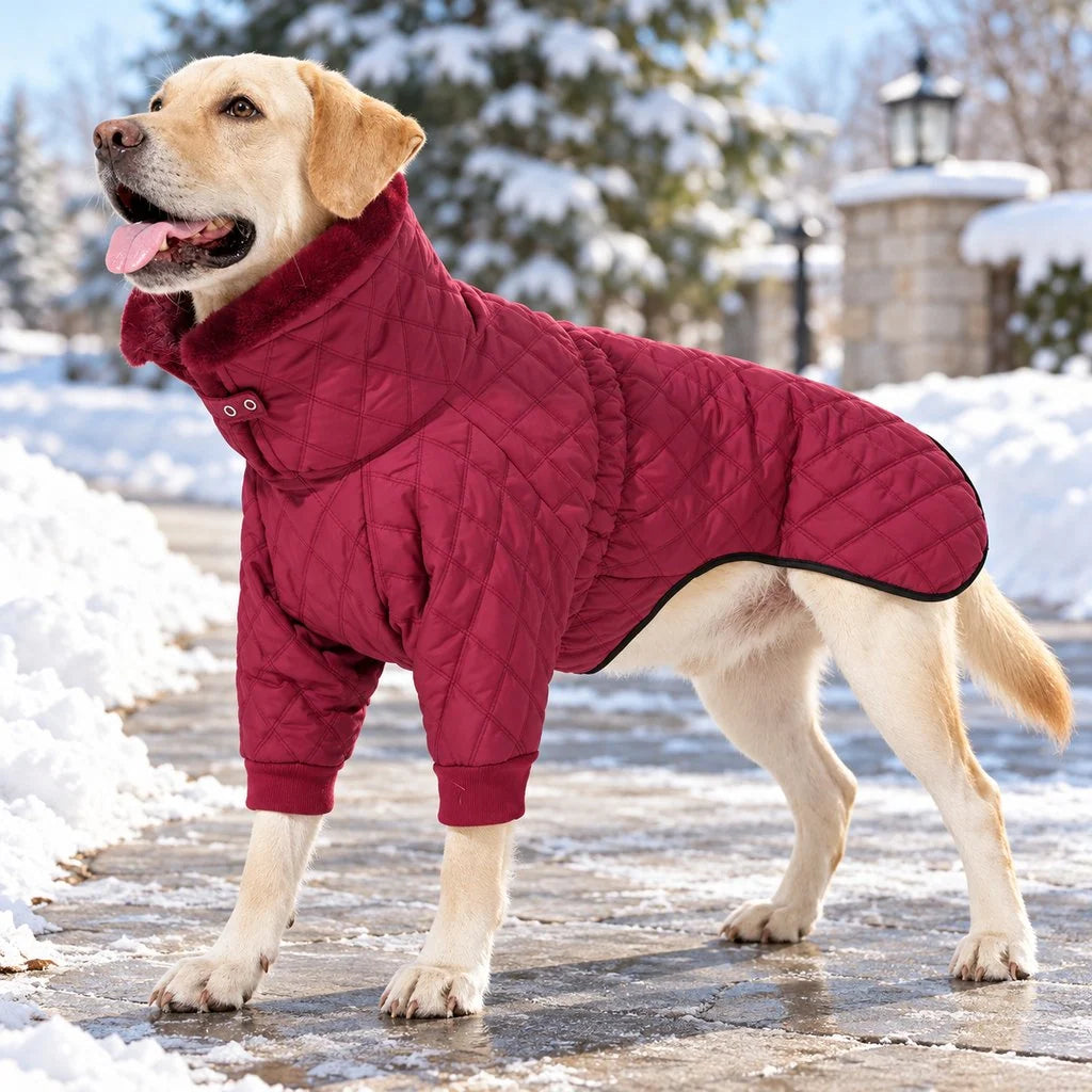 Quilted dog coat with high collar and front sleeves, designed for warmth and comfort in cold weather, perfect for stylish pet protection during winter walks. 0