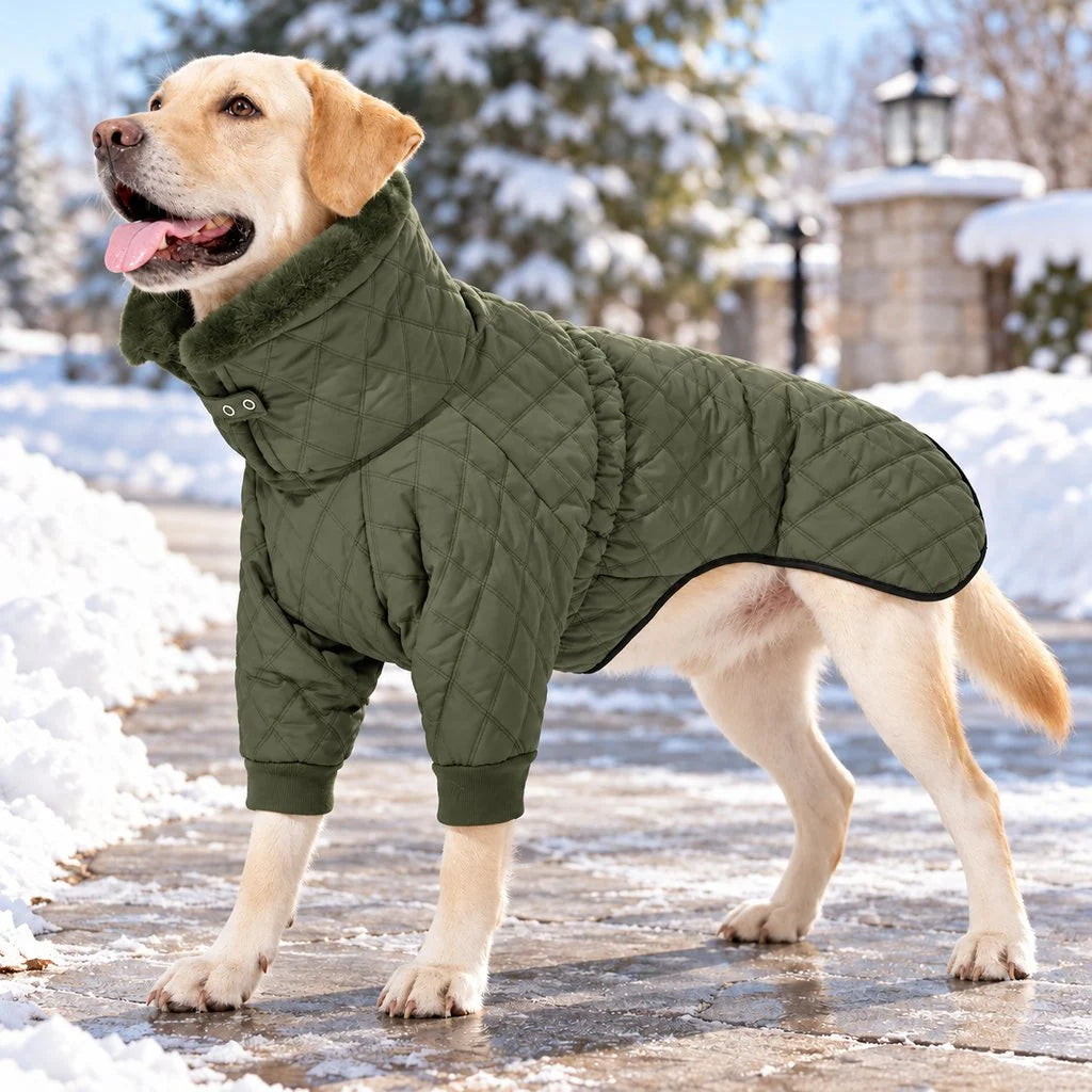 Quilted dog coat with high collar and front sleeves, designed for warmth and comfort in cold weather, perfect for stylish pet protection during winter walks. 9