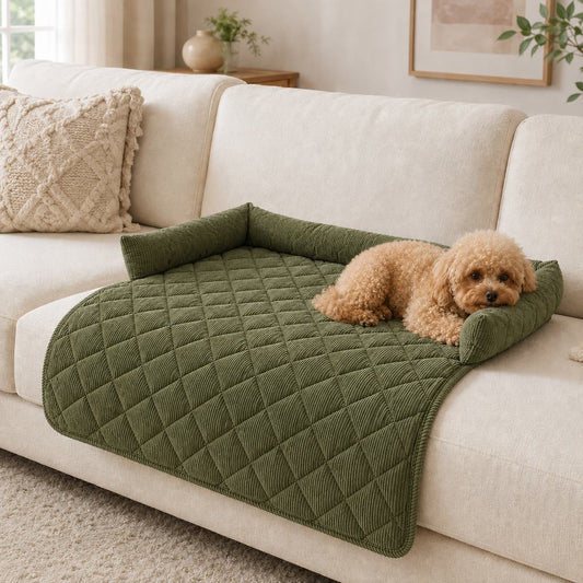 Quilted pet bed featuring non-slip backing and padded bolsters, designed as a soft corduroy couch protector for dogs and cats. 0