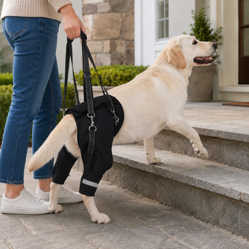 Rear-leg support harness for senior dogs featuring reflective straps, designed to assist with mobility, stairs, and car entry. 0