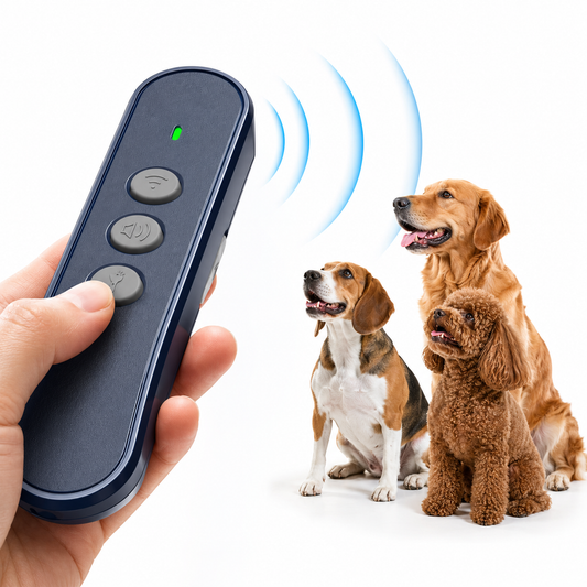 Rechargeable dog bark control device featuring soundwave training technology, designed for easy portability and effective dog training. 0