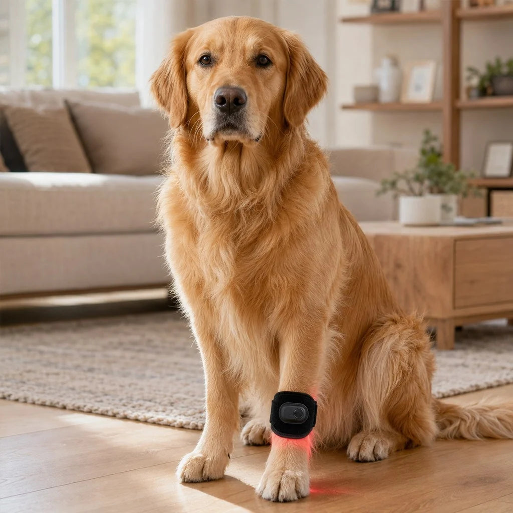 Rechargeable dog wrap featuring adjustable light therapy, made of soft fabric for pet comfort, designed for cordless use. 1