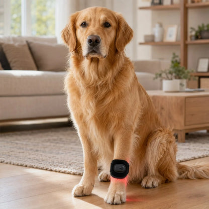 Rechargeable dog wrap featuring adjustable light therapy, made of soft fabric for pet comfort, designed for cordless use. 1