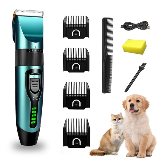 Rechargeable pet clipper designed for dogs and cats, featuring low-noise operation for a stress-free grooming experience, ideal for professional pet grooming. 0
