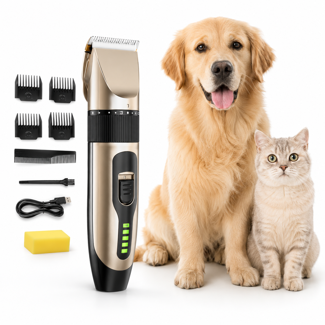 Rechargeable pet clipper designed for dogs and cats, featuring low-noise operation for a stress-free grooming experience, ideal for professional pet grooming. 1