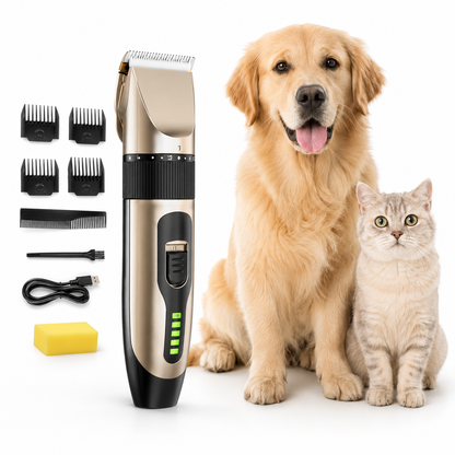 Rechargeable pet clipper designed for dogs and cats, featuring low-noise operation for a stress-free grooming experience, ideal for professional pet grooming. 1