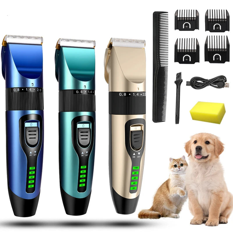 Rechargeable pet clipper designed for dogs and cats, featuring low-noise operation for a stress-free grooming experience, ideal for professional pet grooming. 7