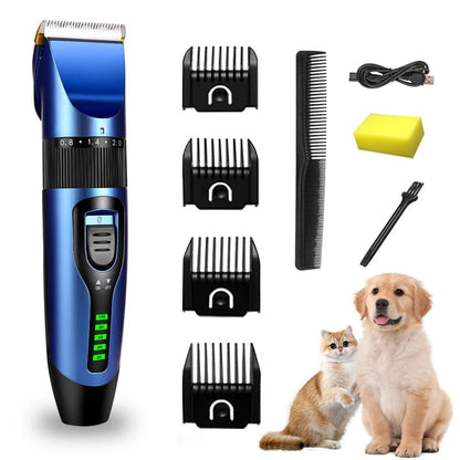 Rechargeable pet clipper designed for dogs and cats, featuring low-noise operation for a stress-free grooming experience, ideal for professional pet grooming. 8