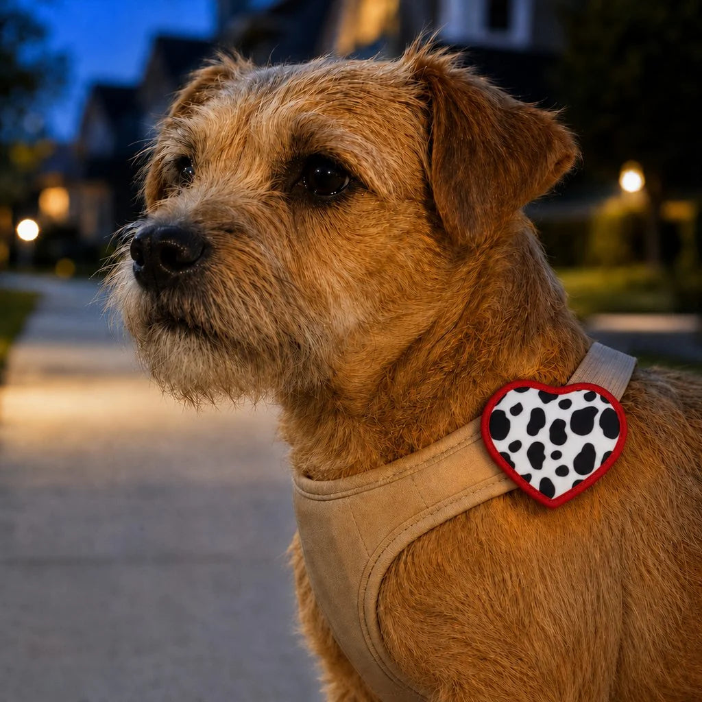 Rechargeable heart-shaped pet visibility light with a wrap-on design and soft LED glow, ideal for collars and leashes to enhance pet safety during nighttime walks 0