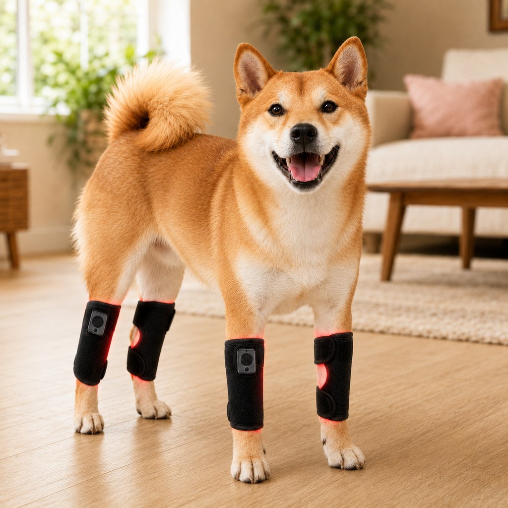 Rechargeable red light therapy dog knee wrap for mobility support in black fabric, featuring an adjustable comfort fit design for enhanced canine wellness. 0