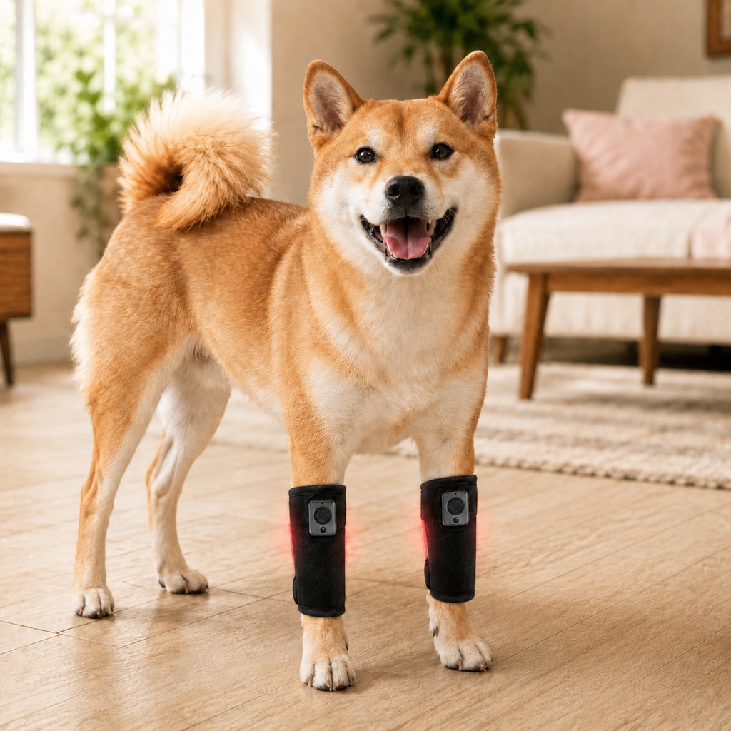 Rechargeable red light therapy dog knee wrap for mobility support in black fabric, featuring an adjustable comfort fit design for enhanced canine wellness. 1